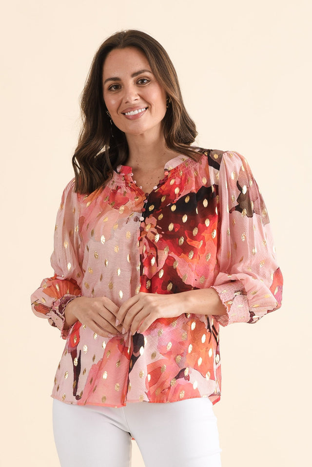 Ponting Pink Floral Foil Button Blouse,Front,Brunette model,alt text|model:MJ image 1