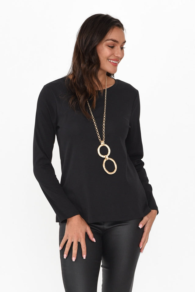 Porter Black Cotton Long Sleeve Top neckline_Round print_Plain sleevetype_Straight length_Hip hem_Straight sleeve_Long TOPS    alt text|model:Brontie