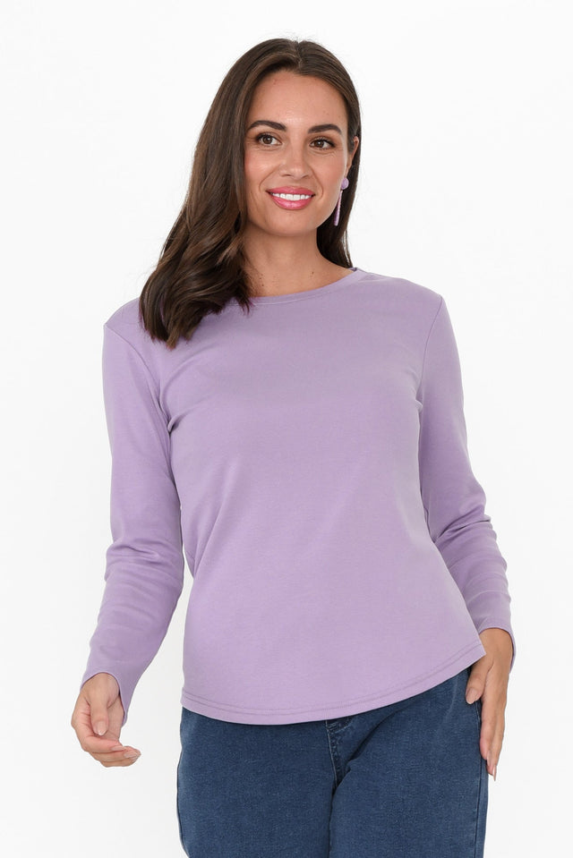 Porter Purple Cotton Long Sleeve Top neckline_Round  alt text|model:MJ;wearing:S