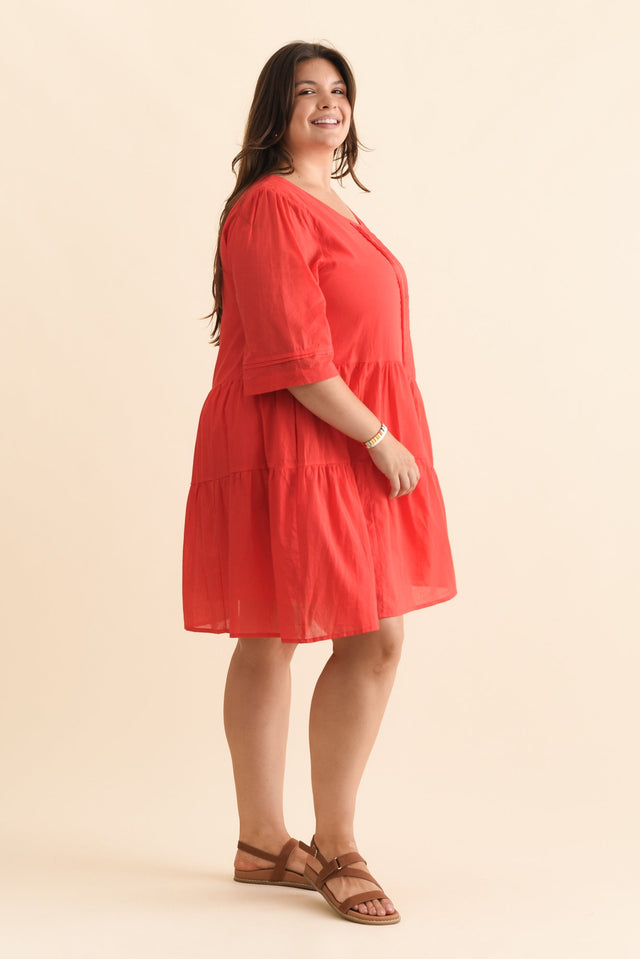 Portia Red Cotton Asymmetrical Dress,Brunette model,alt text|model:Gabby image 11