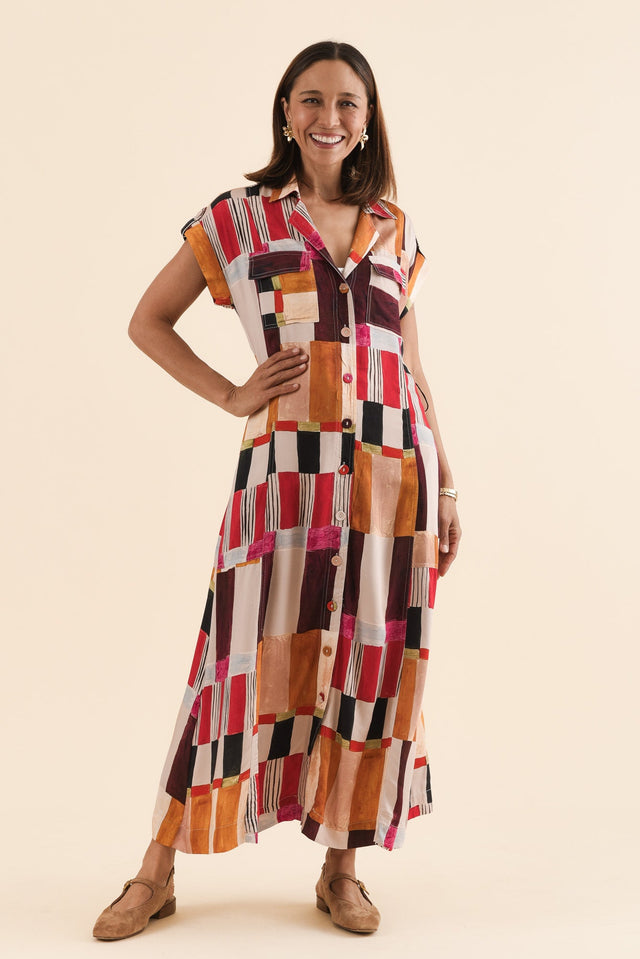 Portia Red Geo Tie Dress,Full Body,Brunette model,alt text|model:Cara image 6
