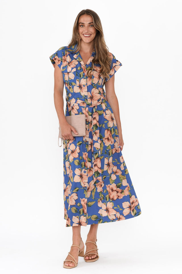 Porto Blue Floral Cotton Tie Dress,Brunette model,alt text|model:Johanna image 3