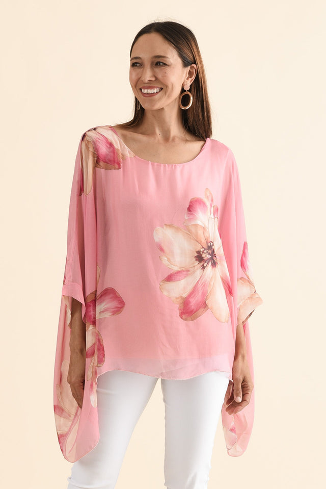 Posie Pink Flower Silk Overlay Top,Front,Brunette model,alt text|model:Cara