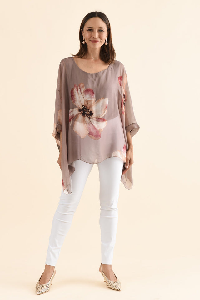 Posie Taupe Flower Silk Overlay Top,Full Body,Brunette model,alt text|model:Cara image 4
