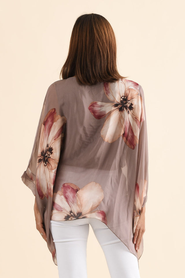 Posie Taupe Flower Silk Overlay Top,Back,Brunette model,alt text|model:Cara image 6