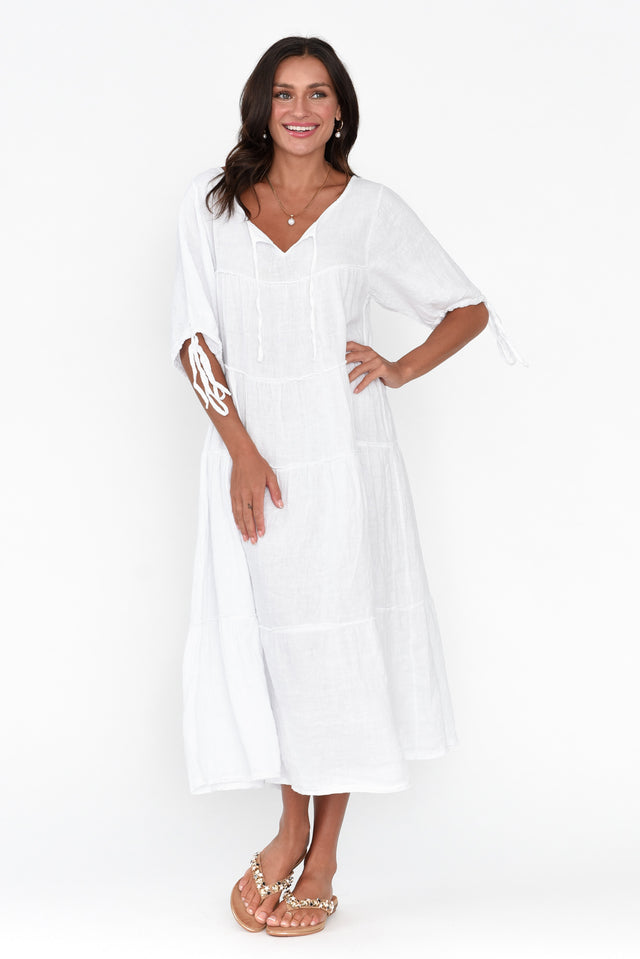 Prairie White Gathered Linen Dress image 2