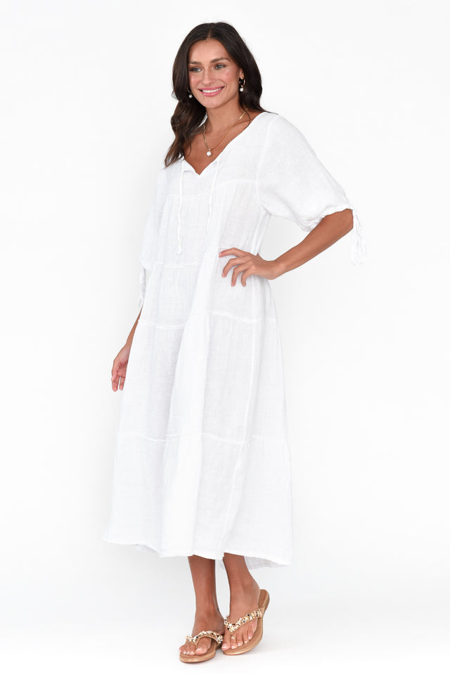 Prairie White Gathered Linen Dress image 7