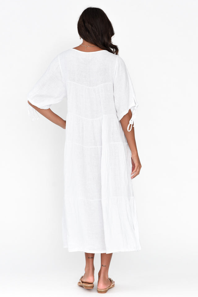 Prairie White Gathered Linen Dress
