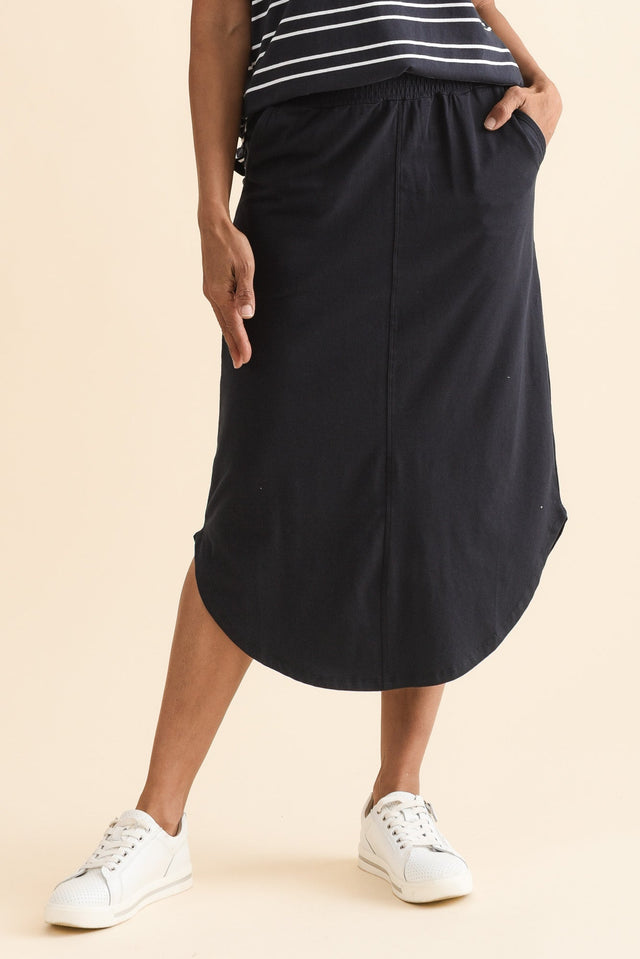 Presley Navy Cotton Shirred Skirt,Front,Brunette model,alt text|model:Cara