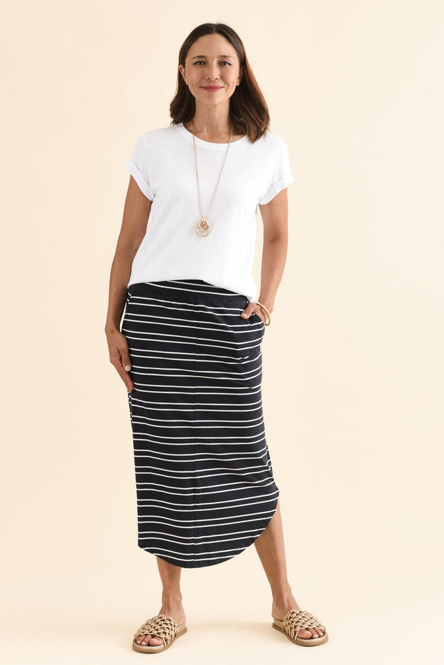 Presley Navy Stripe Cotton Shirred Skirt,Full Body,Brunette model,alt text|model:Cara