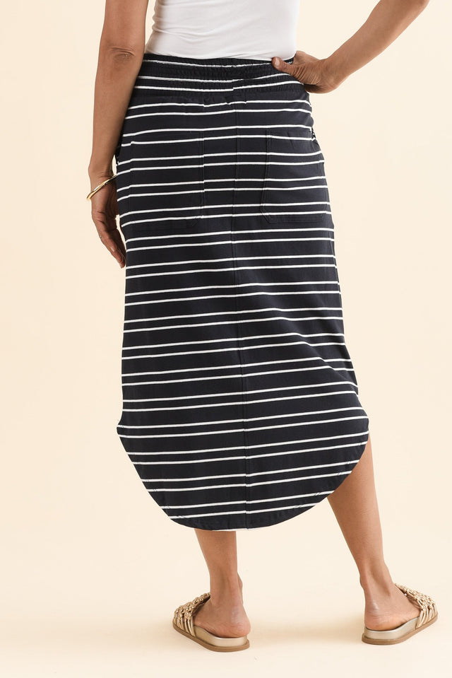 Presley Navy Stripe Cotton Shirred Skirt,Back,Brunette model,alt text|model:Cara image 4