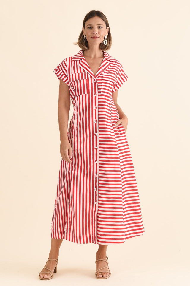 Preston Red Stripe Cotton Tie Dress,Front,Brunette model,alt text|model:Laura