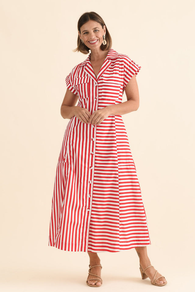 Preston Red Stripe Cotton Tie Dress,Full Body,Brunette model,alt text|model:Laura image 6
