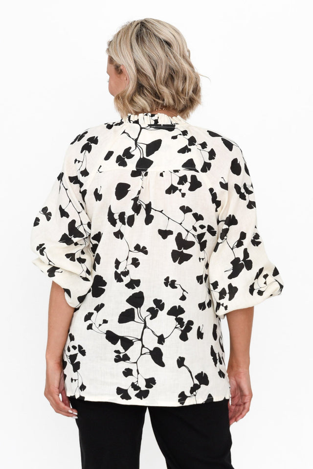 Quinby Black Floral Linen Puff Sleeve Shirt