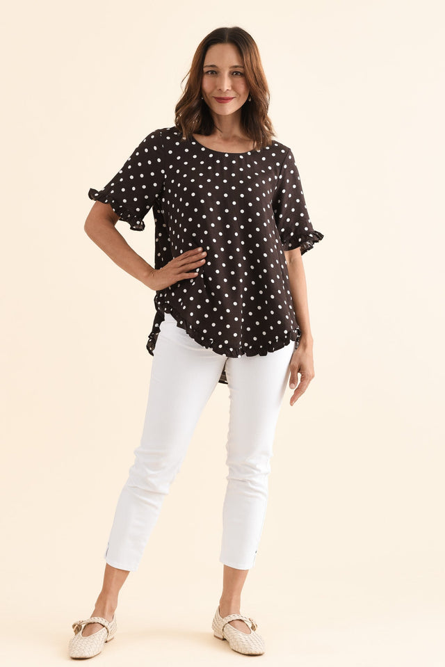 Quincy Brown Spot Ruffle Top,Full Body,Brunette model,alt text|model:Cara image 2