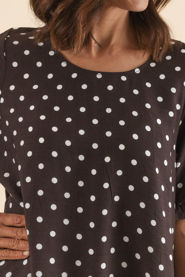 Quincy Brown Spot Ruffle Top,Detail,Brunette model,alt text|model:Cara image 5