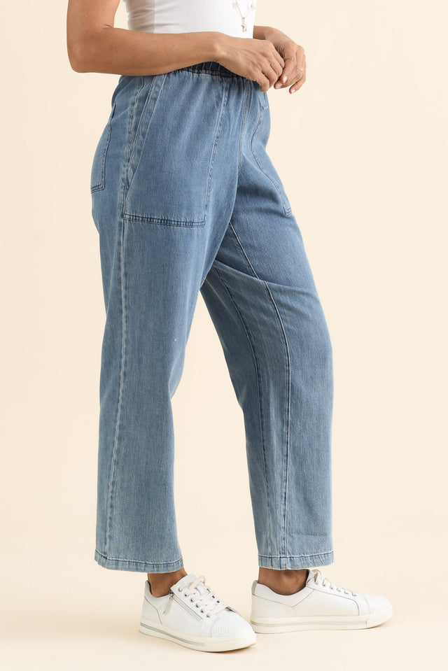 Quinn Blue Cotton Jogger Pants,brunette model,Side of Outfit,alt text|model:Cara image 3