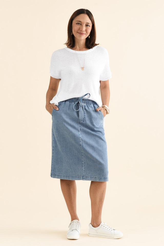 Quinn Blue Denim Drawstring Skirt,brunette model,Full Outfit,alt text|model:Cara image 6