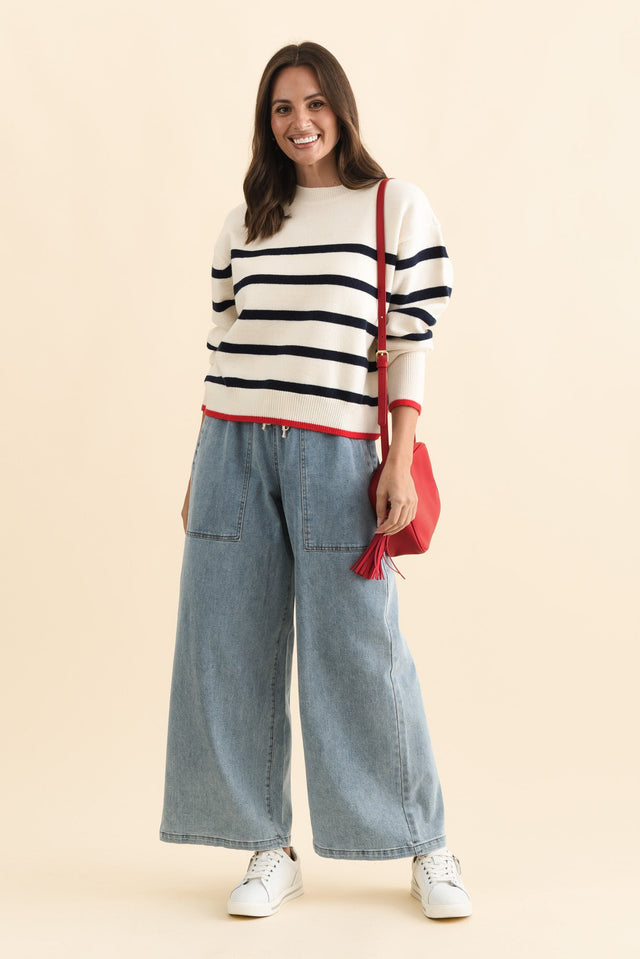 Leonie Navy Stripe Knit Sweater,Brunette model,alt text|model:MJ image 3