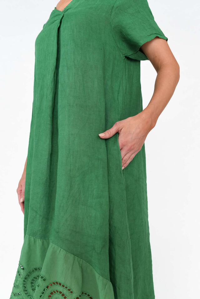 Ravella Green Linen V Neck Dress
