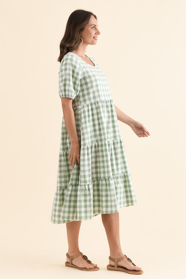 Ravenna Sage Check Cotton Dress,Side,Brunette model,alt text|model:MJ image 3
