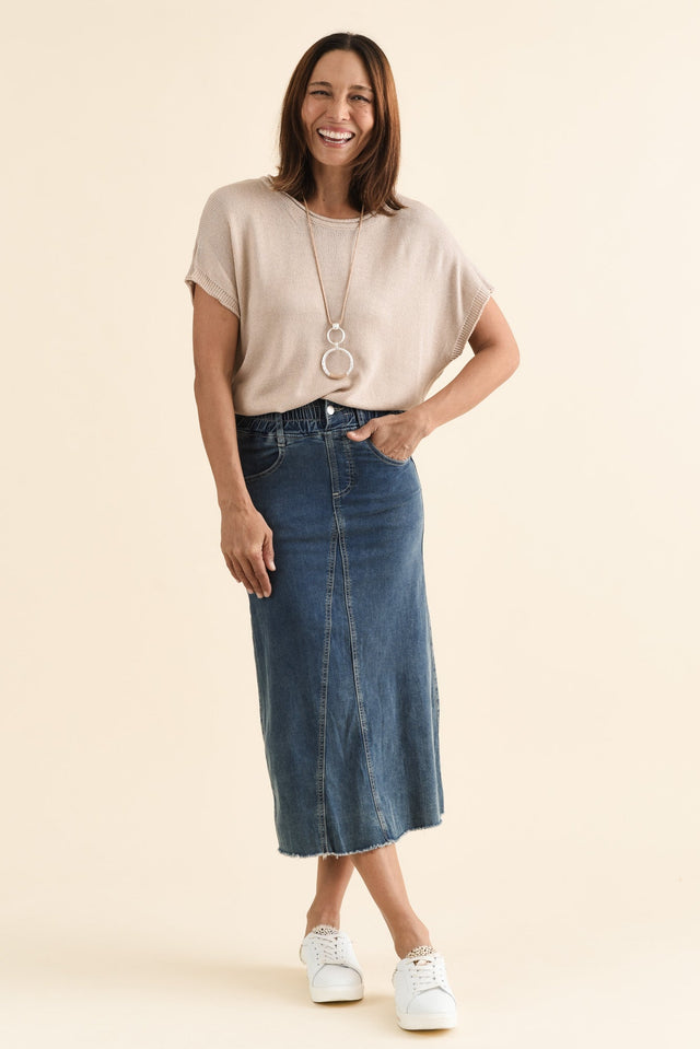 Rawlins Beige Cotton Knit Top,brunette model,Full Outfit,alt text|model:Cara image 6