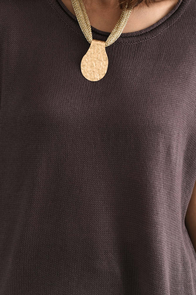 Rawlins Chocolate Cotton Knit Top,brunette model,Close up of outfit,alt text|model:Cara image 5