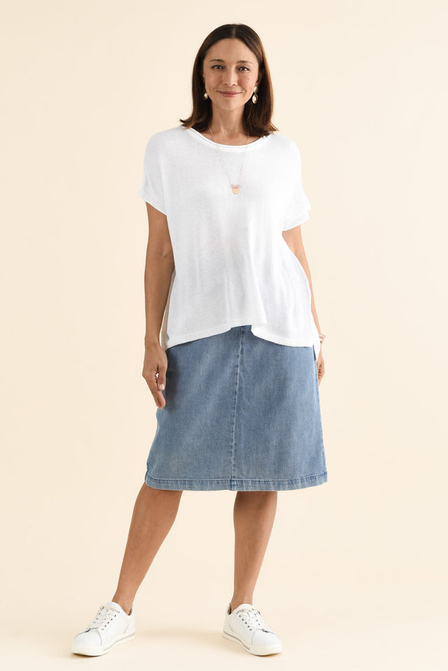Rawlins White Cotton Knit Top,brunette model,Full Outfit,alt text|model:Cara