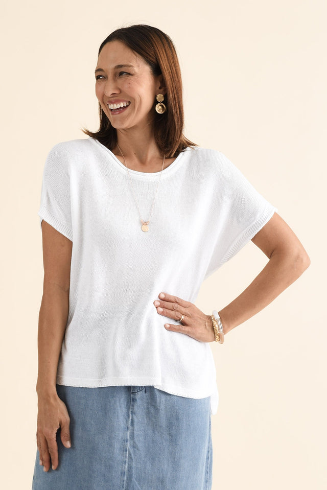 Rawlins White Cotton Knit Top,brunette model,Front of Outfit,alt text|model:Cara