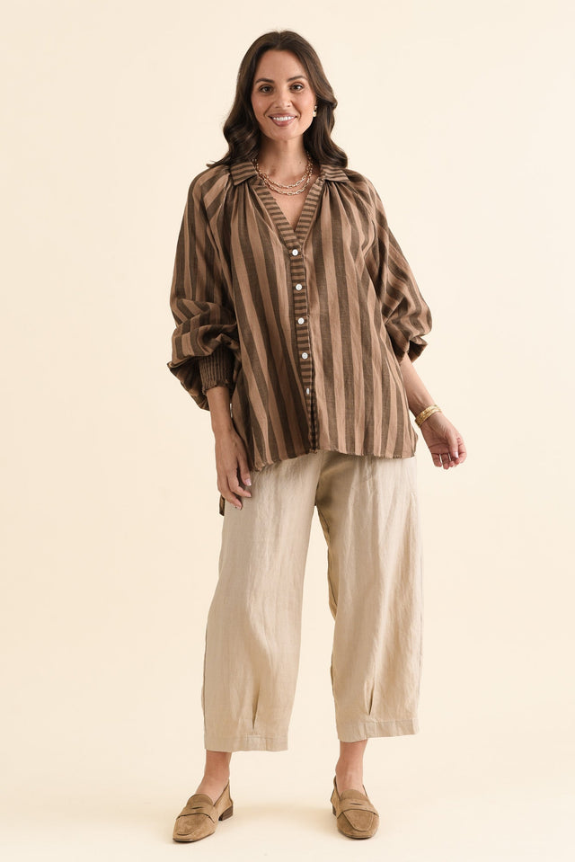 Raya Chocolate Stripe Cotton Shirt,brunette model,Full Outfit,alt text|model:MJ image 6