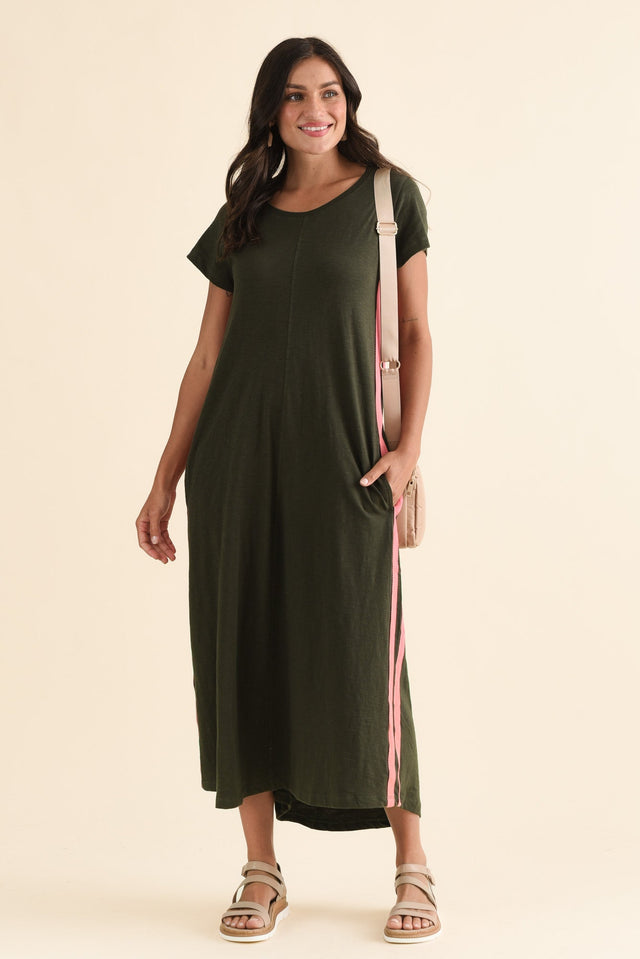 Recovery Khaki Trim Cotton Dress,Front,Brunette model,alt text|model:Brontie