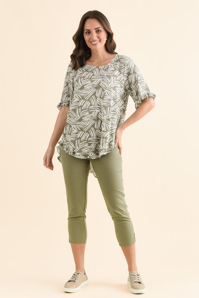 Reed Olive Stretch Cotton Capri Pants,Full Body,Brunette model,alt text|model:MJ image 6
