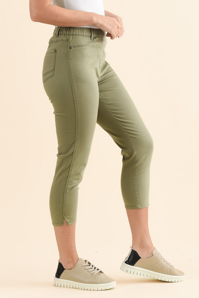 Reed Olive Stretch Cotton Capri Pants,Side,Brunette model,alt text|model:MJ image 3