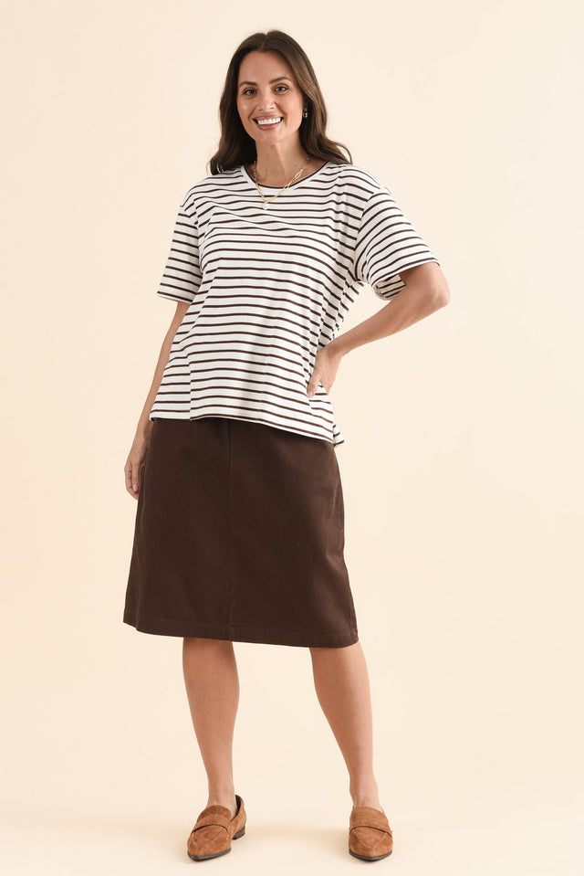 Quinn Chocolate Denim Drawstring Skirt,Full Body,Brunette model,alt text|model:MJ image 6