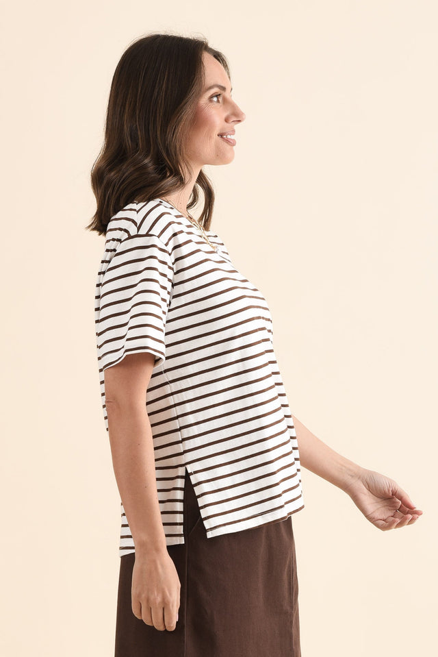 Relax Chocolate Stripe Cotton Tee,Side,Brunette model,alt text|model:MJ image 3