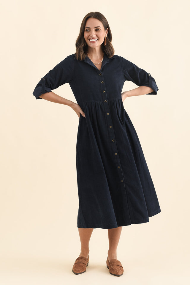 Rellie Navy Cotton Corduroy Dress,Brunette model,alt text|model:MJ image 7