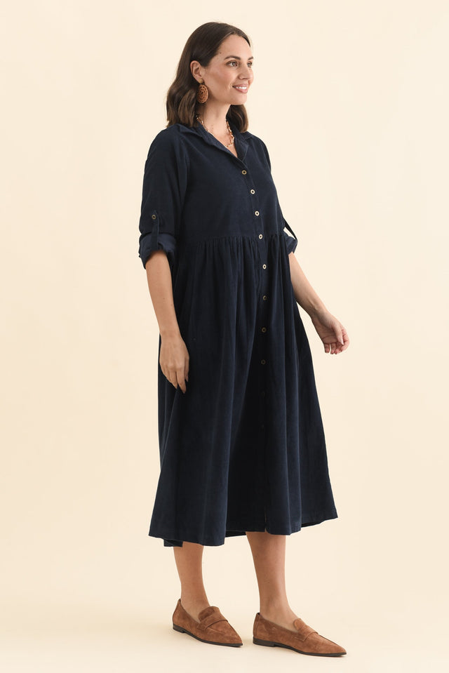 Rellie Navy Cotton Corduroy Dress,Brunette model,alt text|model:MJ image 4