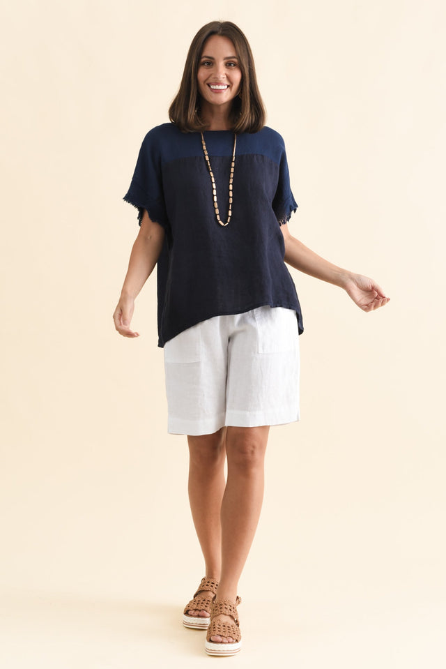 Remo Navy Linen Frayed Top,Brunette model,alt text|model:MJ image 3