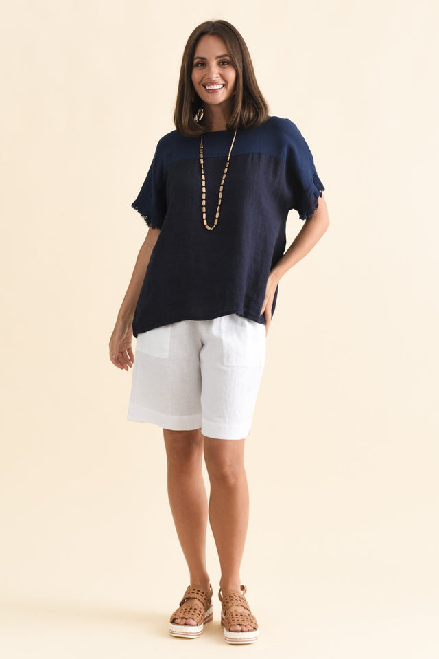 Remo Navy Linen Frayed Top,Brunette model,alt text|model:MJ image 7