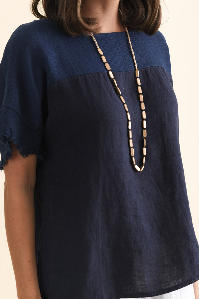 Remo Navy Linen Frayed Top,Brunette model,alt text|model:MJ image 6