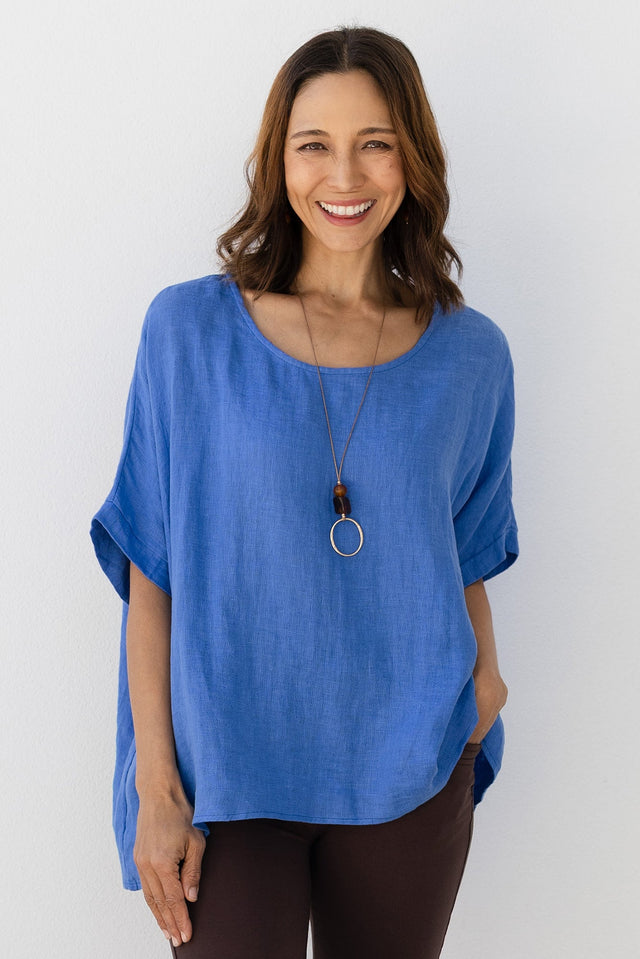 Chaya Cobalt Linen Top,Lifestyle,Brunette model