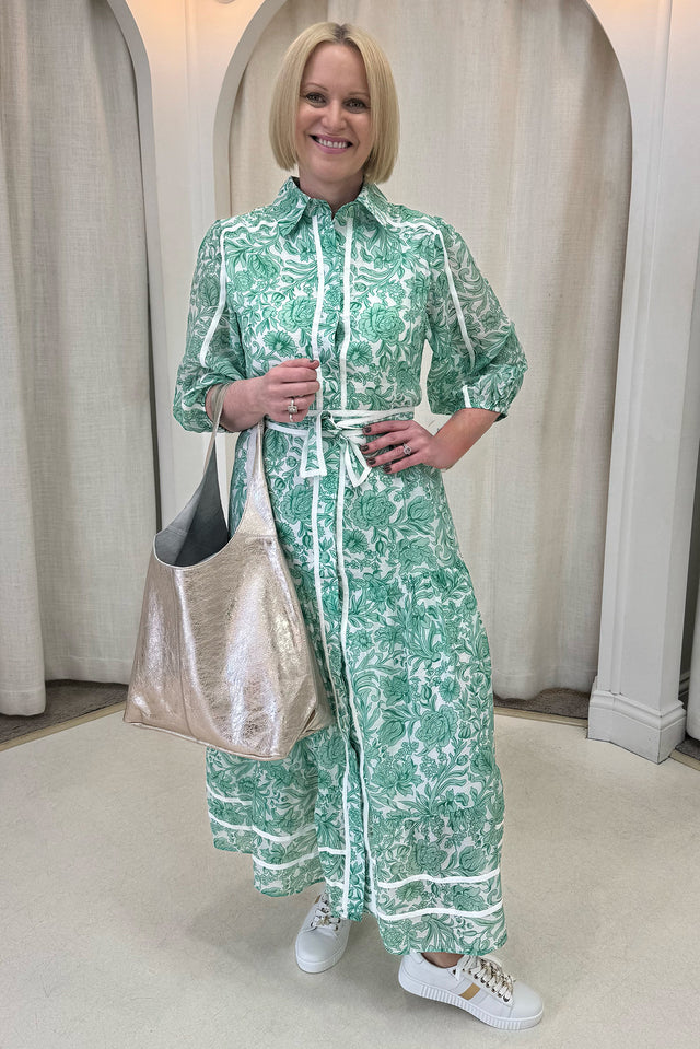 Tanya Green Floral Cotton Blend Shirt Dress