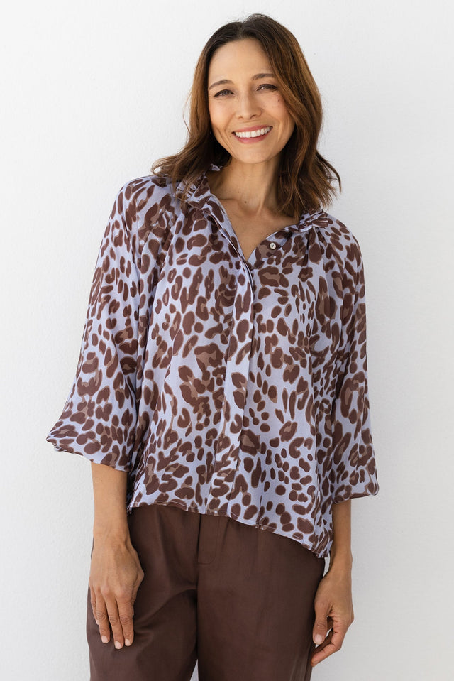 Maze Blue Leopard Ruffle Blouse,Lifestyle