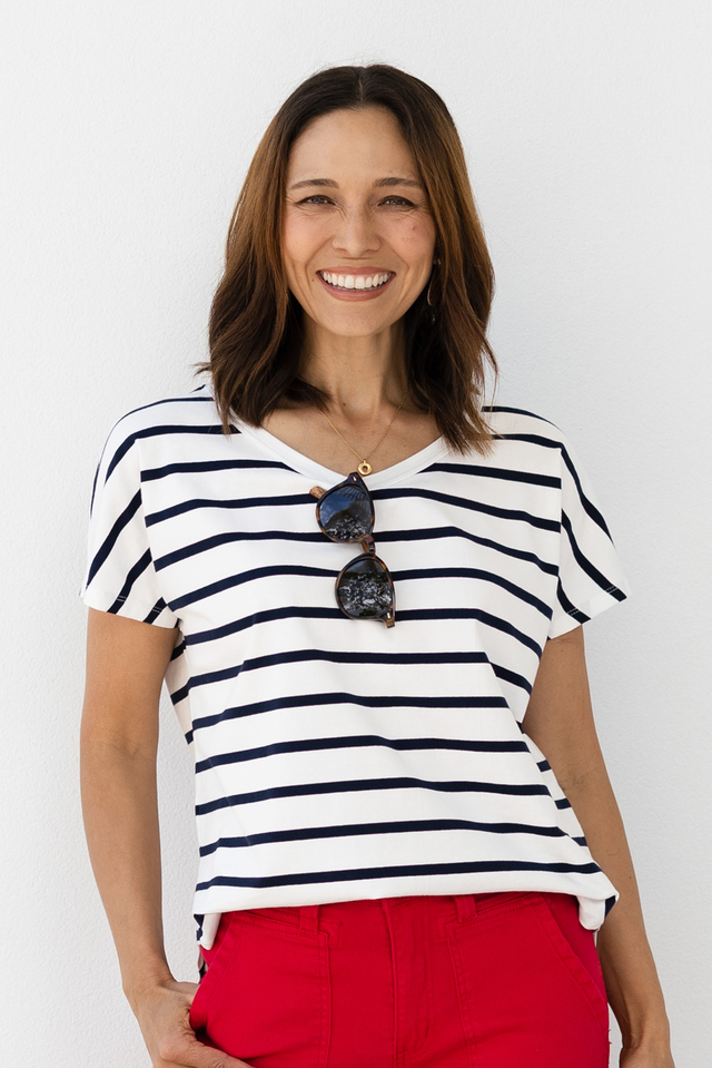 Stevie White Stripe Cotton Tee,Lifestyle,Brunette model