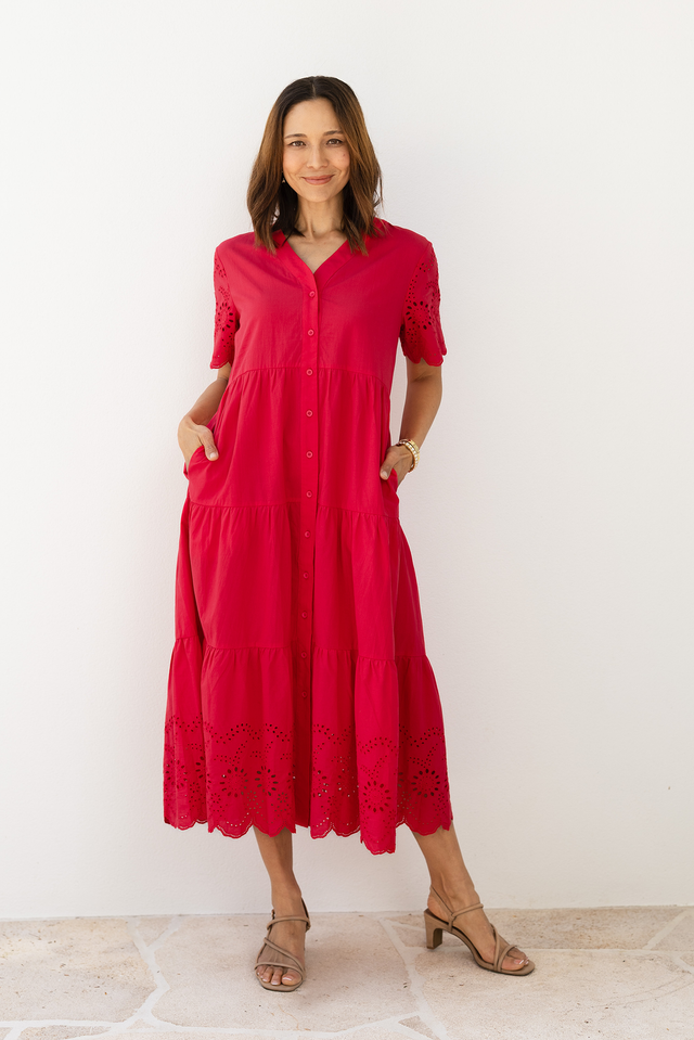 Lilith Red Embroidered Cotton Dress,Lifestyle,Brunette model