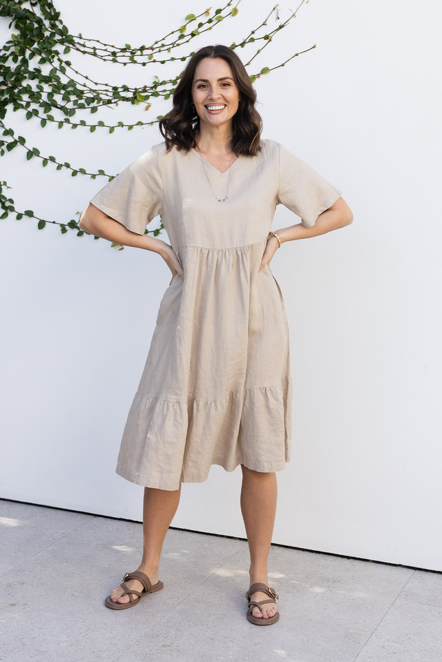 Miller Beige Linen Tiered Dress