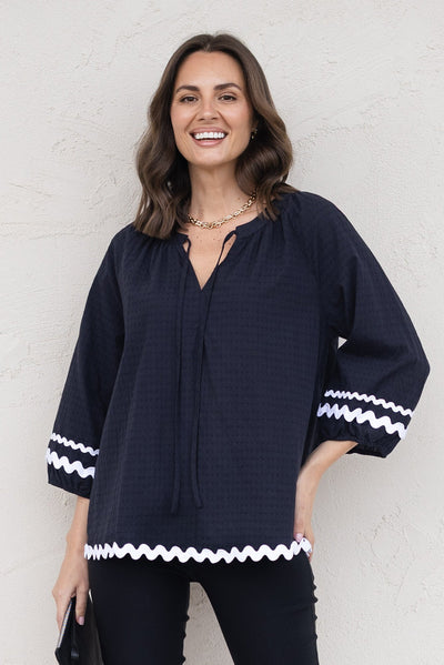 Zelma Black Trim Cotton Top