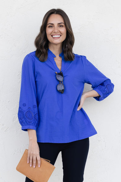 Loretta Cobalt Cotton Embroidered Blouse
