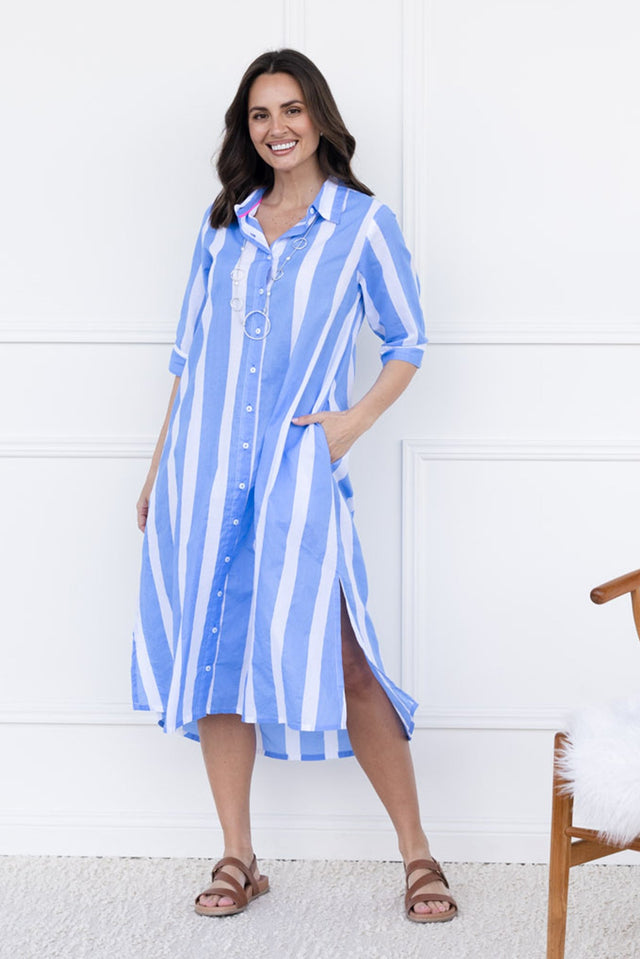 Odessa Blue Stripe Organic Cotton Shirt Dress,brunette model,Front of Outfit,Lifestyle