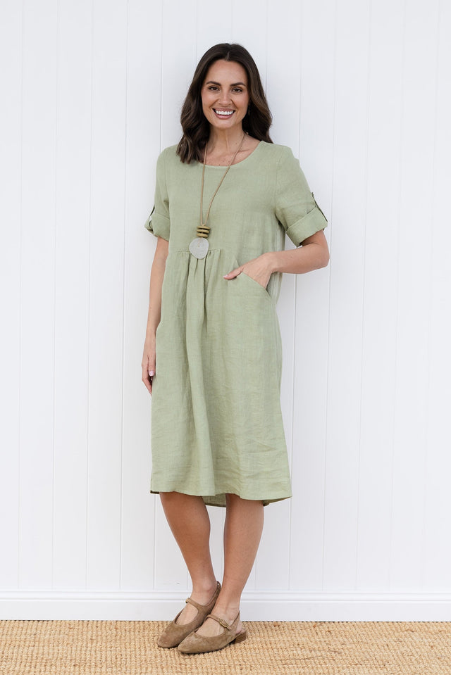 Nolita Sage Linen Pocket Dress,brunette model,Front of Outfit,Lifestyle
